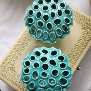 Vintage Set Of 2 Lotus Seed Pod Vases Aqua Blue
